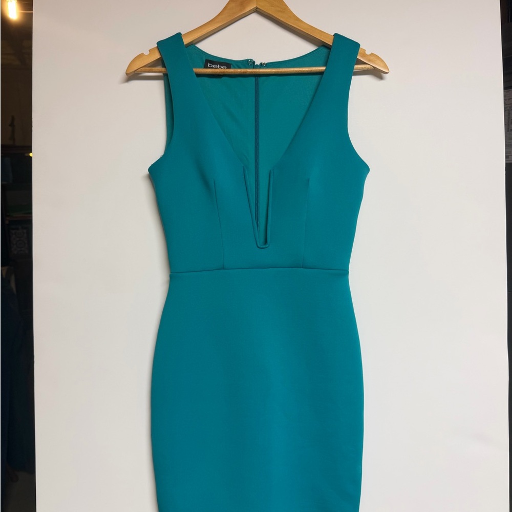VTG bebe Turquoise Plunging Deep V Cutout Bodycon Mini Dress, XS